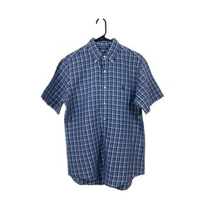 Ralph Lauren Mens Blue Plaid Linen Cotton Short Sleeve Button Down Shirt Medium